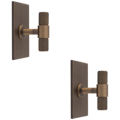 2 PACK - Reeded T Bar Cabinet Door Knob & Matching Backplate - Antique Brass 76 x 40mm