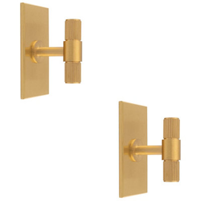 2 PACK - Reeded T Bar Cabinet Door Knob & Matching Backplate Lined Satin Brass 76 x 40mm
