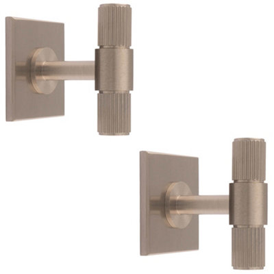2 PACK - Reeded T Bar Cabinet Door Knob & Matching Backplate Lined Satin Nickel 40 x 40mm