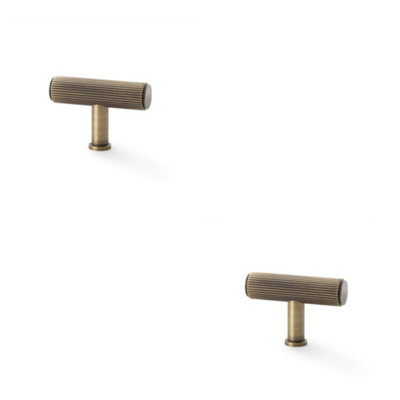 2 PACK - Reeded T Bar Cupboard Door Knob - 55mm x 38mm Antique Brass Lined Pull Handle