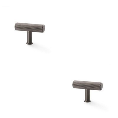 2 PACK - Reeded T Bar Cupboard Door Knob - 55mm x 38mm Dark Bronze Lined Pull Handle