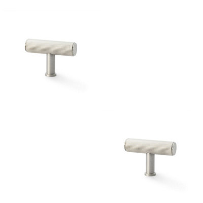 2 PACK - Reeded T Bar Cupboard Door Knob - 55mm x 38mm Satin Nickel Lined Pull Handle