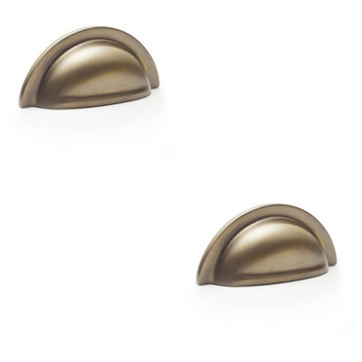 2 PACK - Ridged Cup Handle - Antique Brass - 76mm Centres Solid Brass Shaker Drawer Pull