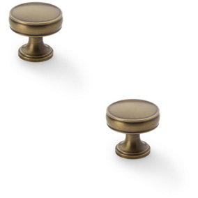 2 PACK - Round Fluted Door Knob - 32mm Diameter Antique Brass Retro Cupboard Pull Handle