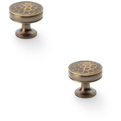 2 PACK - Round Hammered Door Knob - Antique Brass 38mm Diameter Cupboard Pull Handle