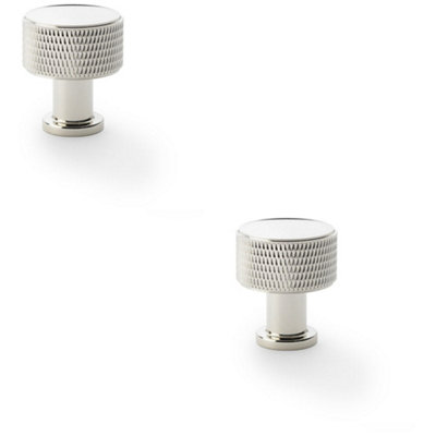 2 PACK - Round Knurled Door Knob 29mm Diameter Polished Nickel Radio Cupboard Pull Handle
