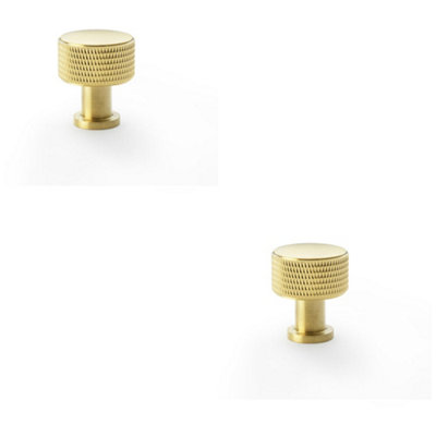 2 PACK - Round Knurled Door Knob - 29mm Diameter Satin Brass Radio Cupboard Pull Handle