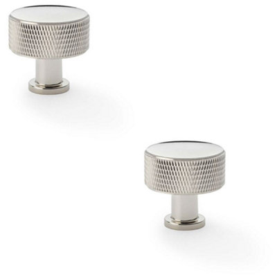 2 PACK - Round Knurled Door Knob 35mm Diameter Polished Nickel Radio Cupboard Pull Handle