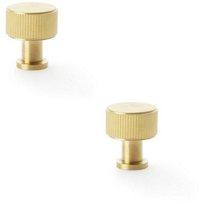 2 PACK - Round Reeded Door Knob - 29mm Diameter Satin Brass Lined Cupboard Pull Handle