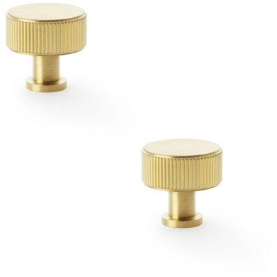 2 PACK - Round Reeded Door Knob - 35mm Diameter Satin Brass Lined Cupboard Pull Handle