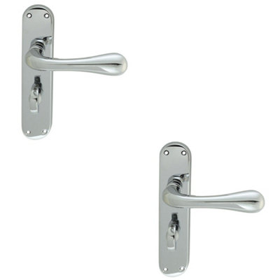 2 PACK - Rounded Flaired Bathroom Latch Door Handle - Polished Chrome Lever on Backplate