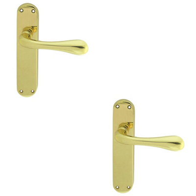2 PACK - Rounded Flaired Internal Latch Door Handle - Polished Brass Lever on Backplate
