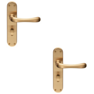 2 PACK - Rounded Smooth Bathroom Latch Door Handle - Satin Brass Lever on Backplate