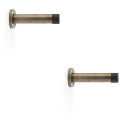 2 PACK - Rubber Tip Smooth Wall Mounted Doorstop - Antique Brass 80mm Projection & Rose