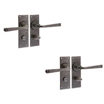 2 PACK Rustic Pewter Door Handle on Backplate for Bathrooms - Interior Lever on Backplate