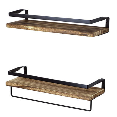 2 Pack Rustic Wood Floating Wall Shelves with Black Metal Guardrail ...