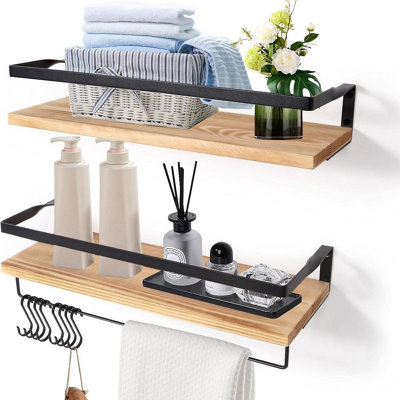 2 Pack Rustic Wood Floating Wall Shelves with Black Metal Guardrail ...