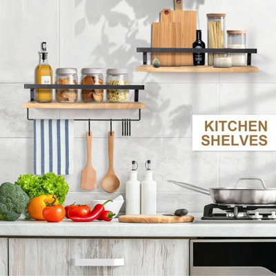 2 Pack Rustic Wood Floating Wall Shelves with Black Metal Guardrail ...