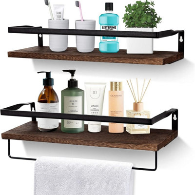 2 Pack Rustic Wood Floating Wall Shelves with Black Metal Guardrail ...