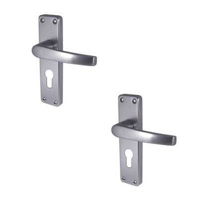 2 PACK Satin Anodised Aluminium Contract Door Handle with Euro Profile Lockplate - Interior Lever on Backplate