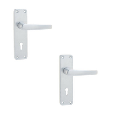 2 PACK Satin Anodised Aluminium Contract Door Handle with Lockplate - Interior Lever on Backplate