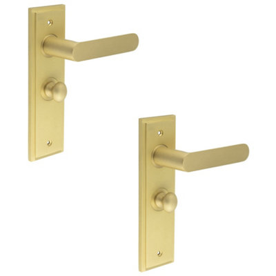 2 PACK Satin Brass Bathroom Door Handle with Backplate and Turn Release Mechanism - Solid Brass Interior Handle