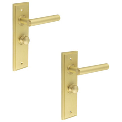2 PACK Satin Brass Bathroom Door Handle with Backplate and Turn & Release Mechanism - Solid Brass Interior Lever