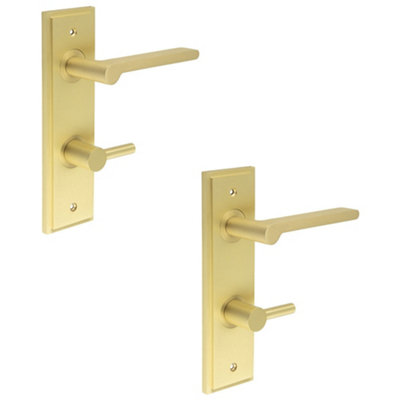 2 PACK Satin Brass Bathroom Door Handle with Backplate and Turn Release Mechanism - Solid Brass Internal Handle