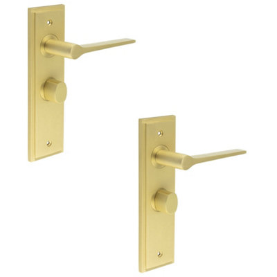 2 PACK Satin Brass Bathroom Door Handle with Backplate and Turn Release Mechanism - Solid Brass WC Interior Handle