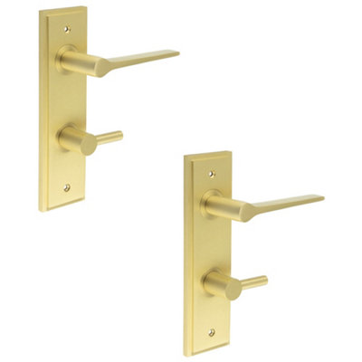2 PACK Satin Brass Bathroom Door Handle with Backplate and Turn & Release - Solid Brass Interior Handle