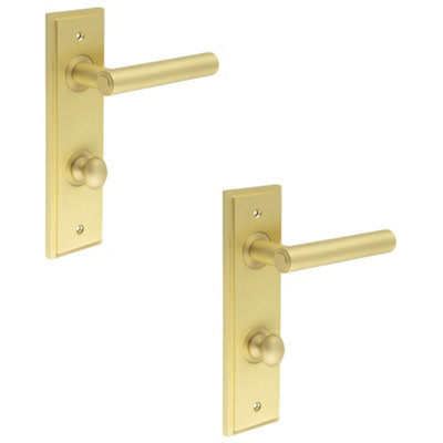 2 PACK Satin Brass Bathroom Door Handle with Backplate and Turn Release - Solid Brass Interior Lever