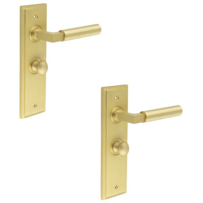 2 PACK Satin Brass Bathroom Door Handle with Backplate and Turn Release - Solid Brass Interior Toilet Handle