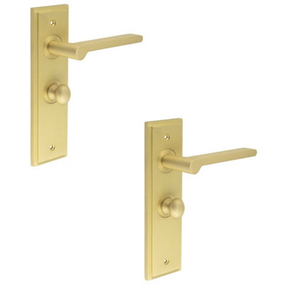2 PACK Satin Brass Bathroom Door Handle with Backplate and Turn Release Solid Brass Internal Handle