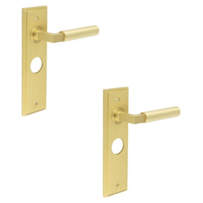 2 PACK Satin Brass Bathroom Door Handle with Backplate for Modern Homes - Solid Brass Interior Lever