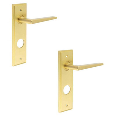 2 PACK Satin Brass Bathroom Door Handle with Backplate Solid Brass - Interior Handle