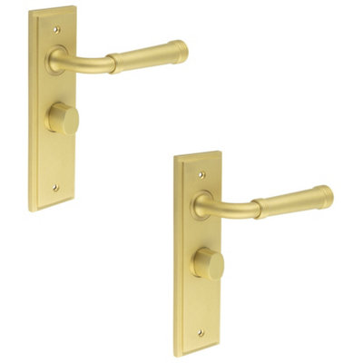 2 PACK Satin Brass Bathroom Door Handle with Backplate Turn Release - Solid Brass Interior Handle