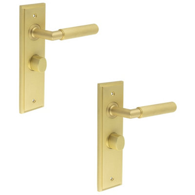 2 PACK Satin Brass Bathroom Door Handle with Backplate Turn Release Solid Brass Interior Handle