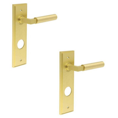 2 PACK Satin Brass Bathroom Door Handle with Stylish Backplate - Solid Brass Interior Lever