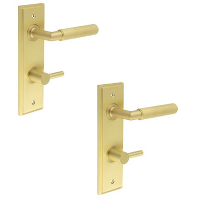 2 PACK Satin Brass Bathroom Door Handle with Turn & Release Mechanism - Solid Brass Interior Handle