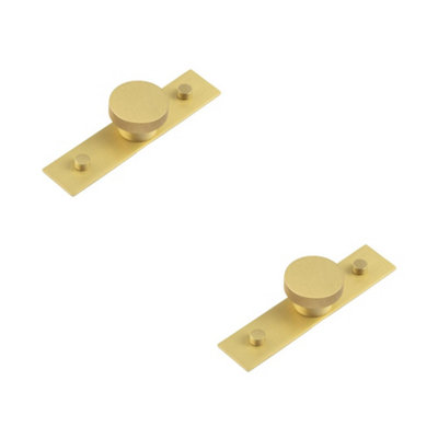 2 PACK Satin Brass Cupboard Knob with 40mm Plain Backplate - Modern Solid Brass Design - Kitchen Cabinet Knob