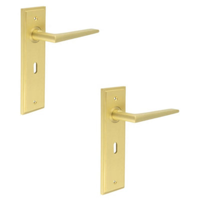 2 PACK Satin Brass Door Handle Lock Backplate for Modern Homes - Solid Brass Interior Handle
