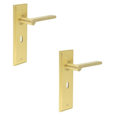 2 PACK Satin Brass Door Handle Lock Backplate - Stylish and Durable Lever Design - Solid Brass Interior Handle