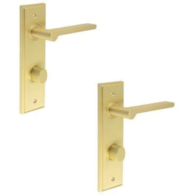 2 PACK Satin Brass Door Handle with Backplate and Turn Release for Bathrooms - Solid Brass Interior Handle