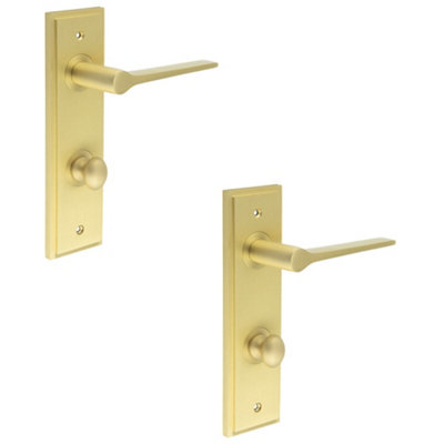 2 PACK Satin Brass Door Handle with Backplate and Turn & Release for Bathrooms - Solid Brass Interior Handle