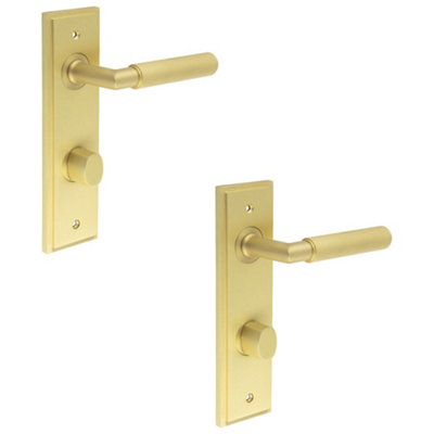 2 PACK Satin Brass Door Handle with Backplate for Bathrooms - Elegant Turn and Release Mechanism - Solid Brass Interior Handle