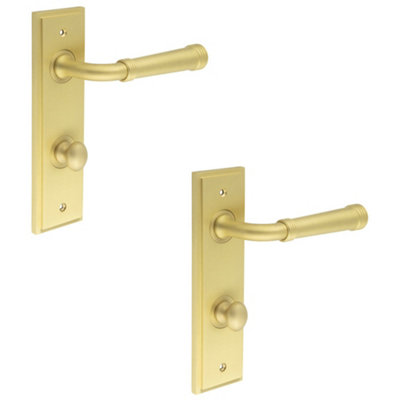 2 PACK Satin Brass Door Handle with Backplate for Bathrooms - Turn & Release Mechanism - Solid Brass Interior Handle