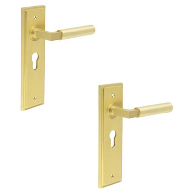 2 PACK Satin Brass Euro Backplate Door Handle for Modern Homes - Solid Brass Interior Lever