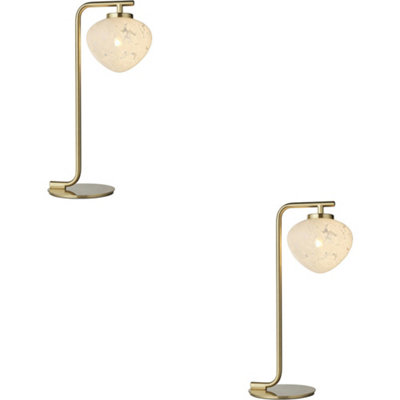 2 PACK Satin Brass Plate Task Table Lamp - White Confetti Glass Shade - 3W LED G9
