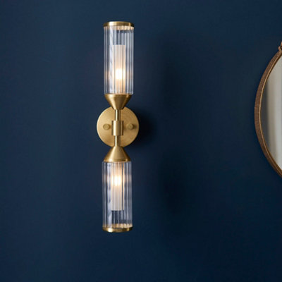 2 PACK Satin Brass Twin Wall Light Ribbed Glass Shades Frosted