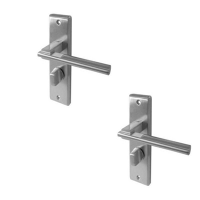2 PACK Satin Chrome Suite Door Handle with Bathroom Plate - Unique Retro Design - Interior Lever on Backplate